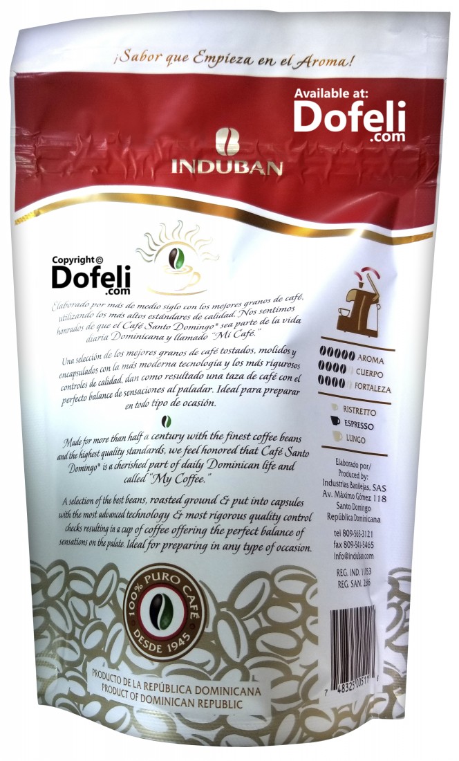 Classic Dominican Santo Domingo coffee pods with a deep roast. Ideal for quick and flavorful espresso preparation.